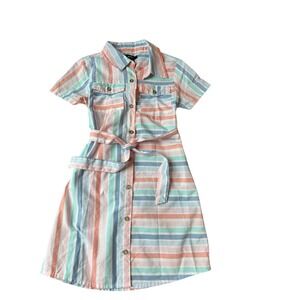 Girls Striped‎ Button Front Belted Shirt Dress Size 10 12 pastel stripes